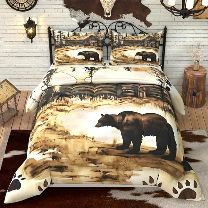 Bear Comforter Set, Cabin Theme Brown 3D Pattern for Kids Teens Adults,Decorative Bedding Comforter Sets with 2 Pillow Shams, King Size