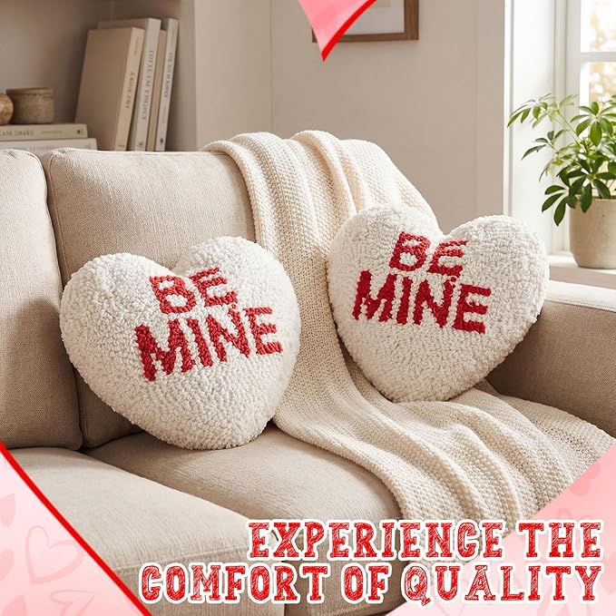 Peryiter Heart Shape Handicraft Hook Pillow 10'' x 10'' Needlepoint Heart Throw Pillow Red Be Mine for Couples Anniversary, Wedding, Party Decor, Room Cushion