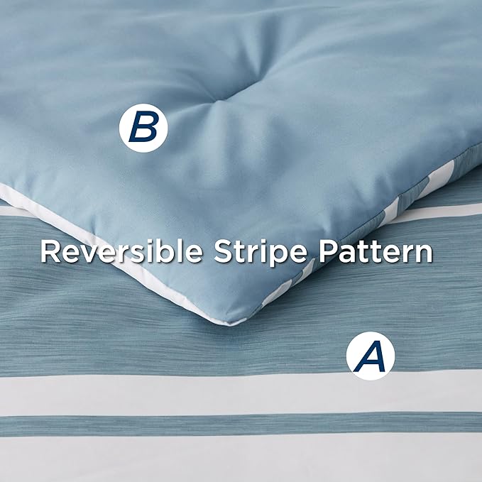 Bedsure Queen Comforter Set 7 Pieces, Grey Blue Striped Bedding Set for All Seasons, Reversible, Cationic Dyeing Bed in a Bag with Comforter, Sheets, Pillowcases & Shams