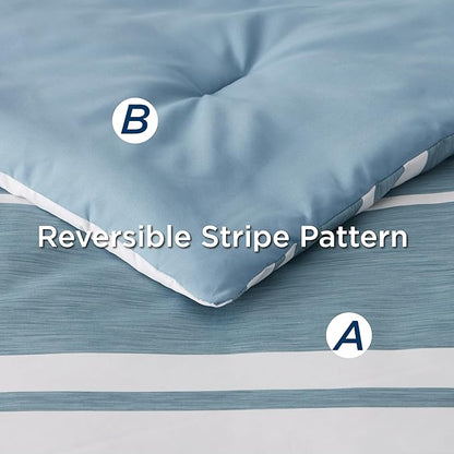 Bedsure King Comforter Set 7 Pieces, Grey Blue Striped Bedding Set for All Seasons, Reversible, Cationic Dyeing Bed in a Bag with Comforter, Sheets, Pillowcases & Shams