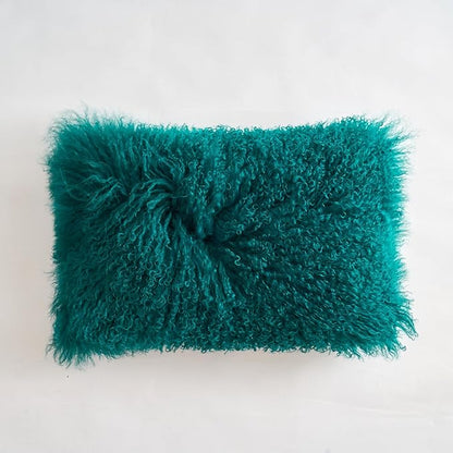 Genuine Mongolian Lamb Fur Pillow Cover – 12"x20" Rectangular Cushion Case – Soft Curly Wool Decorative Accent for Sofa, Bed, or Chair(Teal)