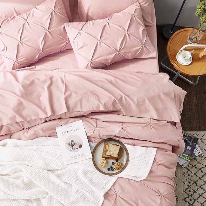 Bedsure Queen Comforter Set Pink - Bed in a Bag Queen Size Bedding 7 Pieces, GentleSoft™ Pintuck Bed Set Gift for Family, Pinch Pleat All Season Comforter with Sheets, Pillowcases & Shams