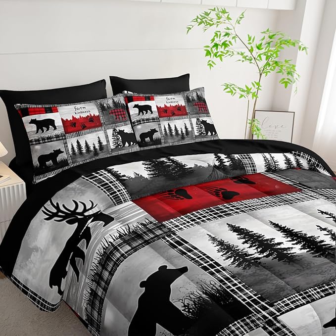 7 Piece Wildlife Bear Deer Queen Set Comforter，Rustic Cabin Queen Size Bedding Sets Comforter and Sheets