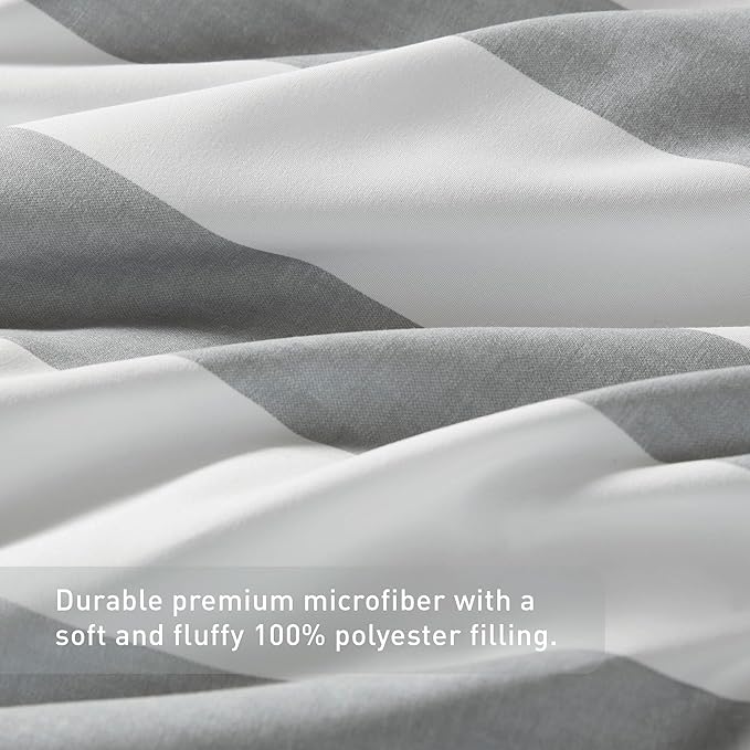 Reversible Striped Twin Comforter Set, Soft Microfiber Bedding Set with Double-Sided Stripes Design, Warm & Cozy for All-Seasons, 2-Piece Comforter and Sham Set Twin Size, Grey