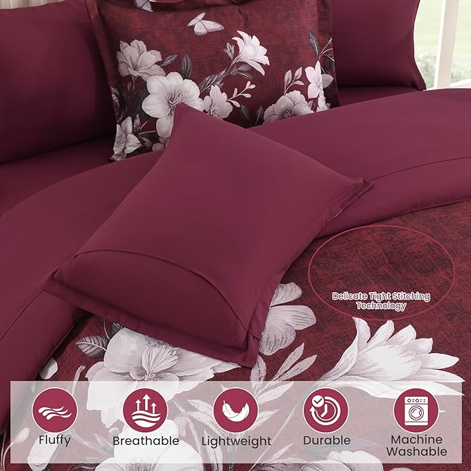 Floral Comforter Set Queen Size, 7 Pieces Burgundy Bed in a Bag, Elegant Floral Butterfly Comforter and Sheet Set, Soft Microfiber Bedding Set for All Seasons(Burgundy,90"x90")