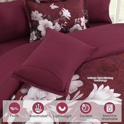 Floral Comforter Set Queen Size, 7 Pieces Burgundy Bed in a Bag, Elegant Floral Butterfly Comforter and Sheet Set, Soft Microfiber Bedding Set for All Seasons(Burgundy,90"x90")