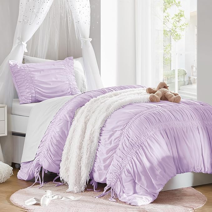 Intelligent Design Twin Comforter Set Ruched Shabby Chic Comforters for Twin Size Bed, All Season Lightweight Purple Ruffle French Country Bedding Set, Sham, Ella, Twin/Twin XL, Lavender 2 Piece