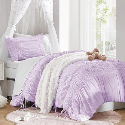 Intelligent Design Twin Comforter Set Ruched Shabby Chic Comforters for Twin Size Bed, All Season Lightweight Purple Ruffle French Country Bedding Set, Sham, Ella, Twin/Twin XL, Lavender 2 Piece