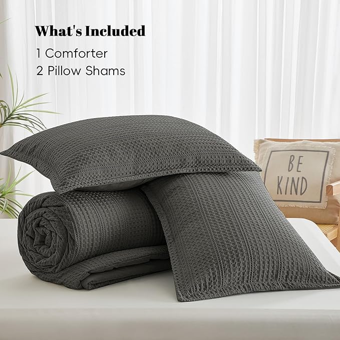 PHF Soft Waffle Comforter Set King Size- Comfy Breathable Waffle Weave Comforter with 2 Pillow Shams, 3 Pieces Less Snagging Lightweight Textured Bedding Set for All Season, Grey
