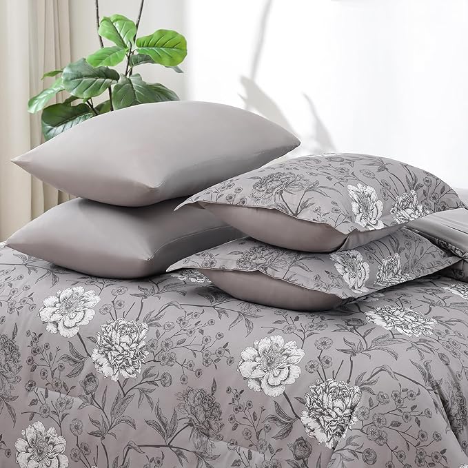 Yiran 7 Piece Bed in a Bag White Floral Comforter Set Grey Flower Bedding Set Leaves Botanical Soft Microfiber Comforter with Flat Sheet Fitted Sheet for All Season(King 104"×90")