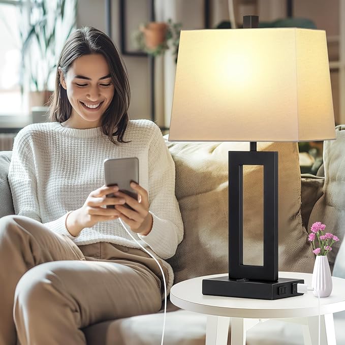 Table Lamp Set of 2 with USB C+A Ports & AC Outlet, Bedside Lamps, Modern Bedroom Lamps, Black Lamps for Night Stands Bedroom Living Room,Nightstand Lamp（Push Button Swich
