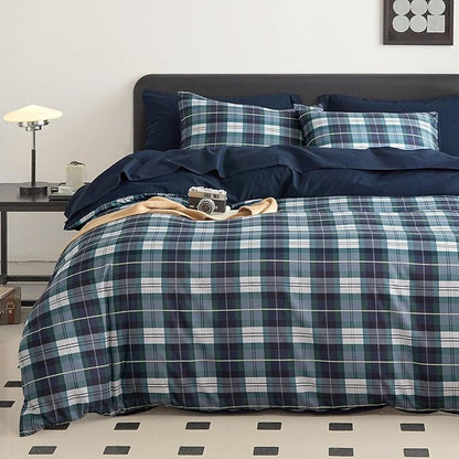 Wake In Cloud - Plaid Comforter Set, Scottish Tartan Check Geometric Modern Pattern Printed, Soft Lightweight Bedding, 3 Pieces, Navy Green, Twin/Twin XL Size