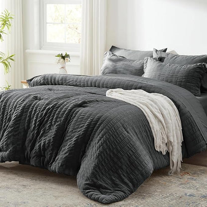 Zzlpp Full Comforter Set 7 Pieces, Dark Grey Seersucker Bed in a Bag with Comforter and Sheets, All Season Bedding Sets with 1 Comforter, 2 Pillow Shams, 2 Pillowcases, 1 Flat Sheet, 1 Fitted Sheet
