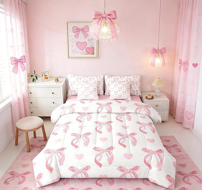 jejeloiu Cute Pink Bow 7 Piece Bedding Set King Size Ribbon Bow Comforter Set with Sheets for Kids Women Cartoon Love Heart Bed in a Bag Pink White Bed Set
