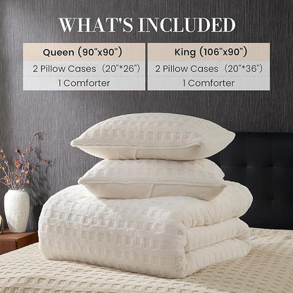 Amélie Home Waffle Comforter King Set, Jacquard Design Fleece Bed Set, Super Soft Plush Bedding Set for Winter, Beige, 3 Pieces, 1 Cozy Comforter and 2 Pillowcases