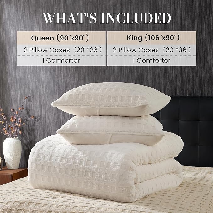 Amélie Home Waffle Comforter Queen Set, Beige Fluffy Fleece Bed Set, Super Warm Fluffy Plush Bedding Set for Winter, 3 Pieces,1 Cozy Comforter and 2 Pillowcases