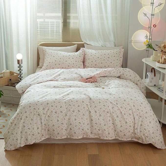 mixinni King Comforter Set Pink White Flower Print Bedding Sets for Women, Cute Floral Bedding Comforter Sets for All Seasons-(1 Comforter+2 Pillow Shams)-King Size