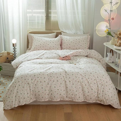 mixinni Girl Floral Full Size Comforter Pink White Flower Leaf Print Bedding Sets, Cute Floral Bedding Comforter Sets for All Seasons-(1 Comforter+2 Pillow Shams)-Full Size