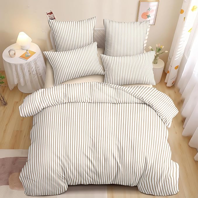Nayoroom Striped Comforter Set Queen Size Brown Tan Stripe Comforter 3 Pieces Girls Soft Lightweight Pinstripe Dorm Bedding Set for All Seasons
