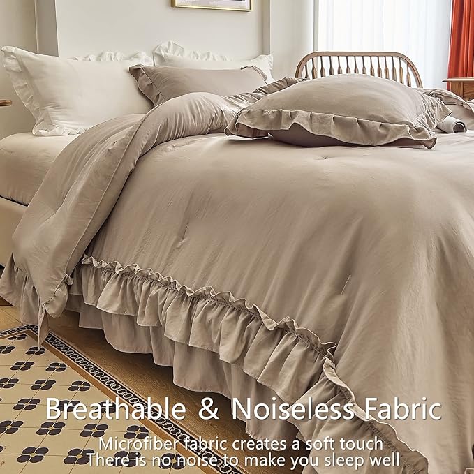 AIKASY Taupe Comforters Twin Size Set, Vintage Boho Chic Farmhouse Bedding Sets Shabby Ruffle Queen Bed Comforter Bedding 3PCS（1 Comforter and 2 Pillowcases）