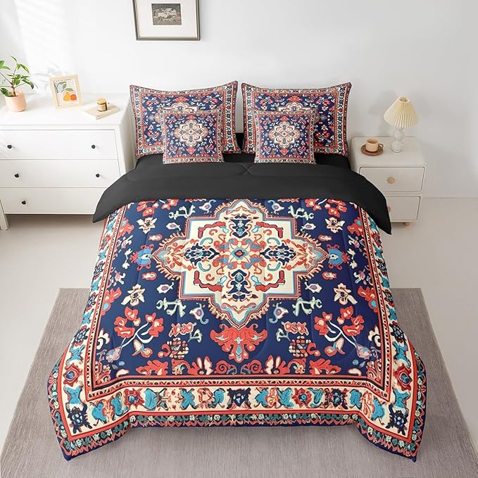 Oriental Comforter Set Vintage Bedding Comforter Sets 7 Pieces Red Blue Art Deco Bed in a Bag Boho Mandala Full Bedding Sets Aesthetic Hippie Bedding Sets & Collections for Kids Toddler Bedroom Decor