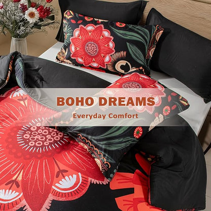Black Red Boho Floral King Comforter Set - 3 Piece Farmhouse Botanical Bedding Comforter Sets for All Season Soft Lightweight Mid Century Bed Set, (1 Reversible Comforter and 2 Pillow Shams
