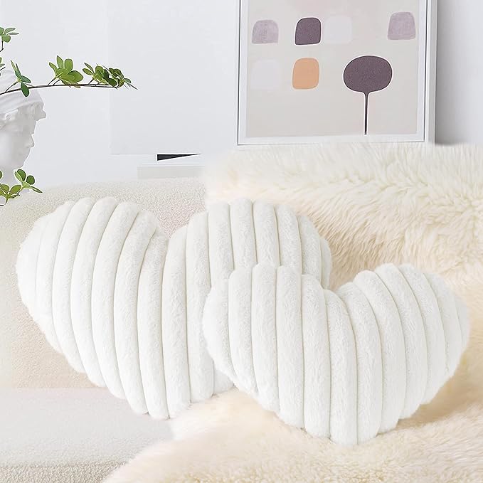 AELS Heart Shaped Pillow, Set of 2, Heart Decorative Throw Pillows, Faux Fur Love Pillows Cute Pillow 20 & 16 Inches, Valentines Day Decorations, Wedding Decor, Living Room Bedroom Nursery Decor,White