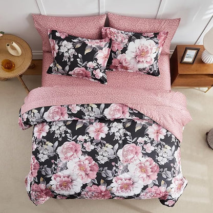 Joyreap 3pcs Floral Comforter Set Full/Queen, Pink Flowers on Black Design, Microfiber Lightweight Bedding Comforter Set for All Season- 88x88 inches