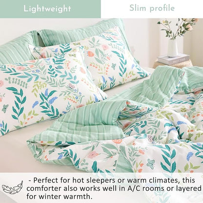 Botanical Cotton Comforter Twin Size 2Pcs - Cute Garden Floral Design with Green Leaves & Coral and Pink Flowers,Sage Striped Reverse,Lightweight Reversible Bedding Sets(Twin,68"×90")