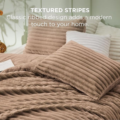 Bedsure King Size Comforter Set - GentleSoft™ 3 Pieces Fluffy Double-Side Fleece Comforter Set, Cozy Striped Room Decor Aesthetic, Luxury Taupe King Bedding with 2 Pillowcases, 104x90 Inches