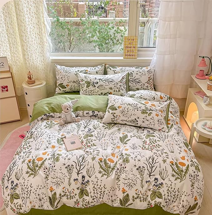 KAREVER Botanical Comforter Set King White and Sage Green Floral Plant Bedding Set Women Reversible Blanket 3 PCs Girls Breathable White Floral Bed Comforter Set