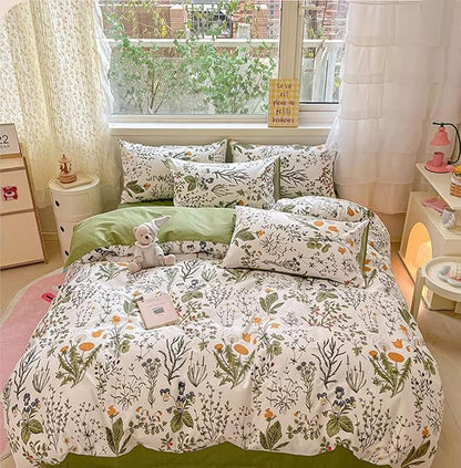 KAREVER Botanical Comforter Set Full White and Sage Green Floral Plant Bedding Set Garden Pattern Printed on White Reversible Blanket 3 PCs 1 White Comforter 80"x90" and 2 Pillowcases