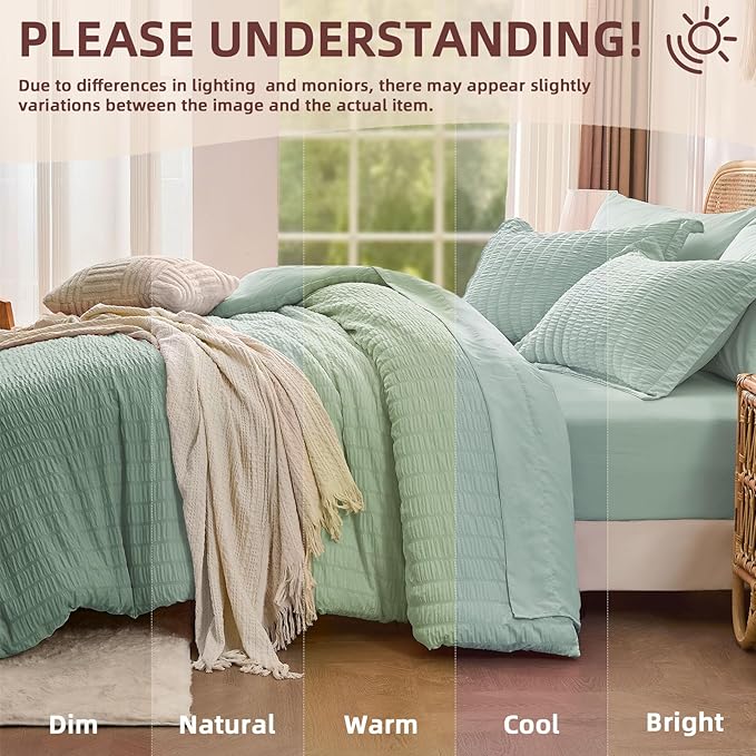 FUANNA Queen Comforter Set 7 Pieces, Luxury Seersucker Bed in a Bag Queen Size for All Seasons, Soft Bedding Set with Comforter, Flat Sheet, Fitted Sheet, Pillowcases & Shams for Bedroom, Sage Green