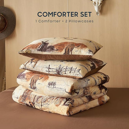 Wake In Cloud - Western Comforter Set, Rustic Ranch Life with Cowboy Southwestern Vintage Country Pattern Printed, Soft Lightweight Bedding, 3 Pieces, Ochre Brown, Queen Size