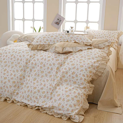 HighBuy Ruffle Lace Comforter Set Queen Coquette Cottagecore Floral Bedding Comforter Set with 2 Lace Ruffles Pillowcases Cozy Soft Shabby Chic Yellow Pink Flower Bedding Comforters for Women Girls
