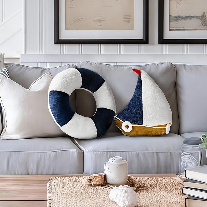 AELS Sailboat & Lifebuoy Nautical Throw Pillows Set of 2, Coastal Decor for Beach Enthusiasts Beach House, Ideal for Sofa Couch Living Room Bedroom and Nursery, Navy Blue and White