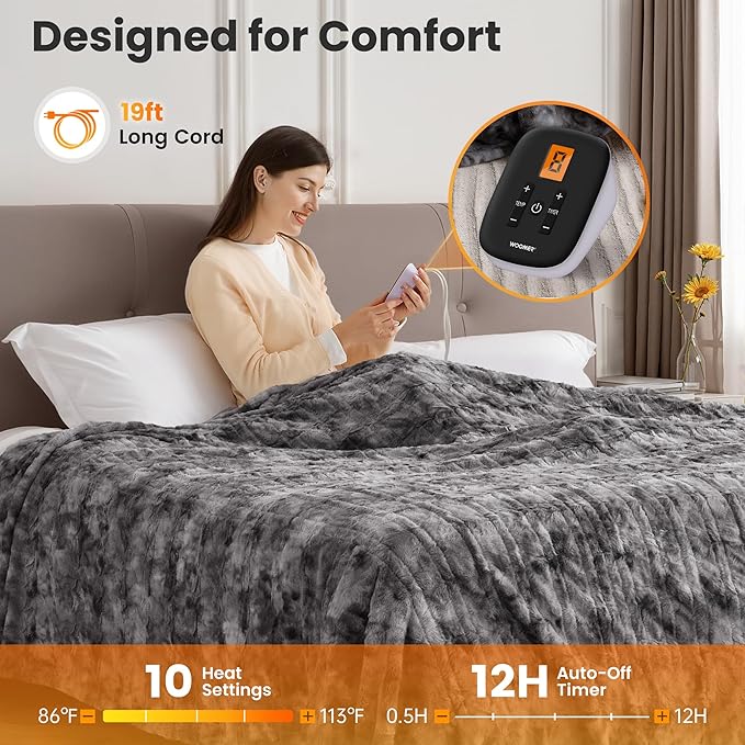 WOOMER Heated Blanket Twin Size 62" x 84", Electric Blanket with 0.5-12 Hours Timer & 10 Heating Levels, ETL Certified, Marble Gray Double-Sided Faux Fur, Over-Heat Protect, Machine Washable