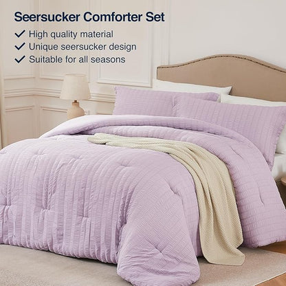 California King Comforter Set Light Purple,3PCS Seersucker Lightweight Bedding Comforter for All Season, Calking Size(104''×96'' Comforter & 2 Pillowcases)