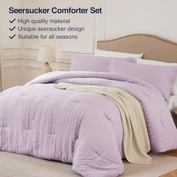 King Comforter Set Light Purple,3PCS Seersucker Lightweight Bedding Comforter for All Season, King Size(104''×90'' Comforter & 2 Pillowcases)