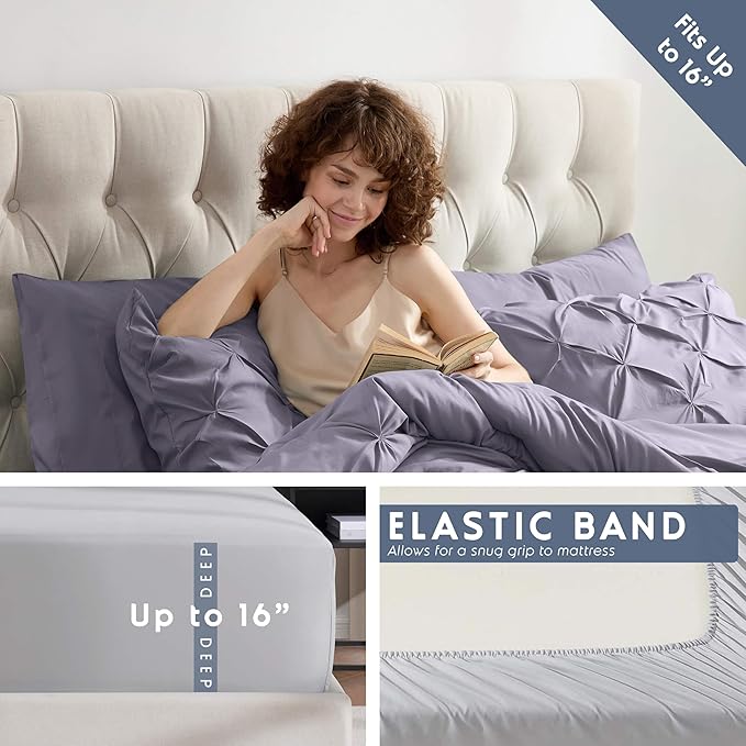 Nestl 7 Piece Pinch Pleated Comforter Set - Grayish Purple, Bed in a Bag, All Season King Bed Set with Flat Sheet, Fitted Sheet, Pillowcases and Shams