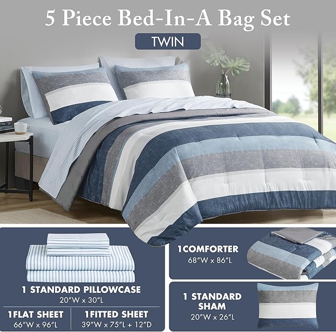 Madison Park Essentials Jaxon Twin Comforter Set, Bed In A Bag Comforter & Sheet Set, Modern Casual Stripes Print, All Seasons, Soft Microfiber Bedding Makeover, Matching Sham, Twin, Blue/Grey 5 Piece