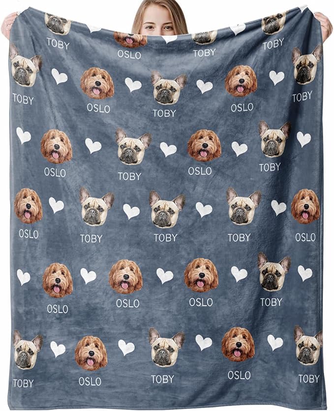 Custom Blanket with Pets Pictures & Name Personalized Funny Cat Dog Face Throw Blankets Soft Warm Plush Fleece Customized Blanket for Couch Bed Sofa Gifts for Dog Dad Mom Pet Lovers