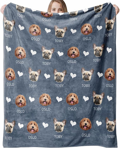 Custom Blanket with Pets Pictures & Name Personalized Funny Cat Dog Face Throw Blankets Soft Warm Plush Fleece Customized Blanket for Couch Bed Sofa Gifts for Dog Dad Mom Pet Lovers