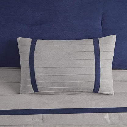Madison Park Palmer Comforter Set-Luxury Faux Suede Design, Striped Accent, All Season Down Alternative Bedding, Matching Shams, Decorative Pillow, Bed Skirt, King (104 in x 92 in), Blue 7 Piece