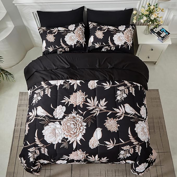 Yogeneg 7 Piece Bed in a Bag Kingsize Comforter Set Botanical Floral Bedding Set,Flower Leaf Brid Printed on Black Reversible Design,Soft Microfiber Comforter with Sheet Set,All Season(Black B,King)