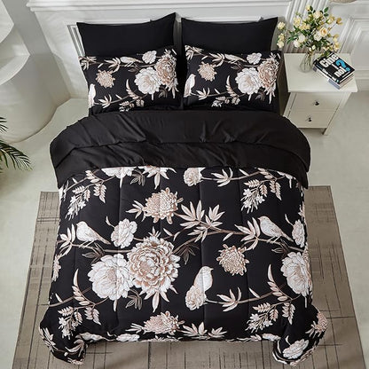 Yogeneg 7 Piece Bed in a Bag Queen Comforter Set Botanical Floral Bedding Set,Flower Leaves Brids Printed on Black Reversible Design,Soft Microfiber Comforter with Sheet Set,All Season(Black B,Queen)