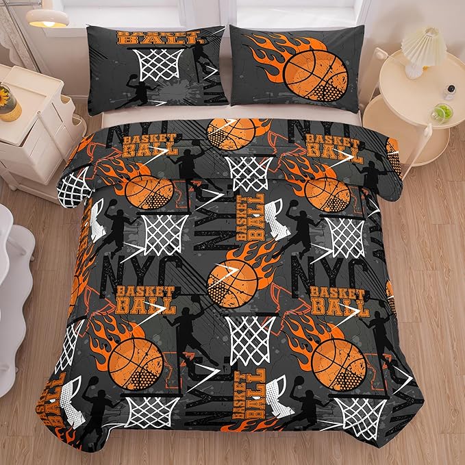 NINENINE Basketball Comforter Sets for Boys Sports Bedding Sets for Kids,Basketball Bedding Set,Queen Size Comforter Set(1Comforter, 1Flat Sheet, 1Fitted Sheet, 2Pillowcases)
