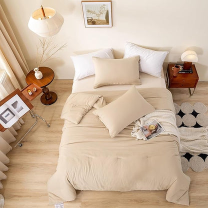 Ultra-Soft Bed Comforter King Set, Comfy Cozy Washed Polycotton, Comfort Fluffy Bedding Blanket Down Alternative Comforter Set with Pillowcase - Lightweight but Warm All Season, Khaki Beige