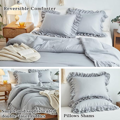 Grey Ruffled Comforter Set Twin Size, 3 Pieces (1 Ruffled Comforter and 2 Pillowcases) Farmhouse Shabby Chic Style with 2 Layers Ruffle, Solid Color Lightweight Soft Fluffy Bedding Sets for Kids