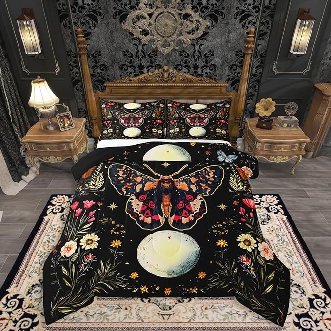 Erosebridal Adults Death Moth King Comforter Set, Gothic Moth Bedding Set Moon and Star Black Comforter for Kids Boys Girls Women Men Bedroom Decor, Boho Exotic Vintage Floral Butterfly Quilt